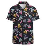 LARSD Men's Hawaiian Shirt Casual Button Down Short Sleeve Party Shirt Printed Funky Aloha Beach Shirt, 80s Geometric Black, Large