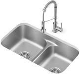 KRAUS Premier 32 in. Undermount 50/50 Double Bowl 18-Gauge Stainless Steel Kitchen Sink and Commercial Style Pull Down Faucet in Spot-Free Stainless Steel, KCA-1200