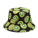 IHAUIUE Novelty Fruit Print Bucket Hats Summer Fishing Cap Reversible Packable Sun Hat for Women, Men, Kiwi Black Hat, One Size-Large