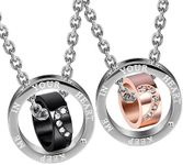 URBAN JEWELRY His & Hers Couples Engraved Double Ring Pendant Necklace, Stainless Steel, Cubic Zirconia