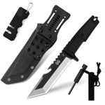 THRWCLUB Fixed Blade Knife with Fire Starter, Tactical Survival Knife with Rubber Handle, 11-Inch Full Tang 420HC Steel Hunting Knife, Bushcraft Knife with Waist Clip and Kydex Sheath