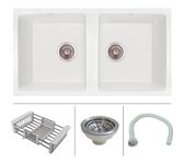 Zinzer Double Bowl, Quartz Kitchen Sink, White Color 33 x 18 x 8, German Engineered, Smooth Metallic Finish | Box includes Kitchen Sink, Sink Coupling, Hose Pipe, Drainer Basket