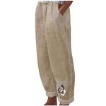 AMhomely Cotton Linen Trousers for Women UK with Pocket Palazzo Pants Elastic Waist Harem Trousers High Waist Casual Pants Yoga Workout Trousers Hiking Trousers Cargo Pants Baggy Lounge Pants Khaki S