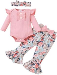 Kislio Newborn Baby Girls Clothes Ribbed Ruffled Romper+Floral Pants+Headband Infant Outfit Set