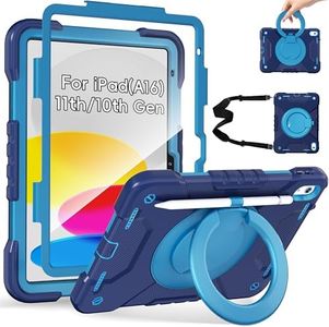 Andnary Case for iPad (A16) 11th Generation 11 inch 2025/10th Generation 10.9 inch 2022, Shockproof Cover with Screen Protector/360° Rotate Handle/Bracket/Pen Holder/Shoulder Strap (Navy+Blue)