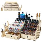 OPHIR Wooden Paint Organizer, Acrylic Paint Storage Rack with 104 Paint Holes of 2 Sizes for Vallejo paint, Miniature Paint Set, Includes 2 Drawers, 2 Painting Handles, 25 Brush Holes,1 Brush Holder