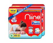 NIINE Cottony Soft Baby Diaper Pants (Size- NB/XS) Upto 5 kg|Pack of 2| with Wetness Indicator for Overnight Protection, Mega Pack, 144N