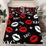 Girls Kiss Fitted Sheet Feminine Red Lips Bedding Set for Kids Women White Lipstick Print Decor Bed Sheet Set Black Sexy Mouth Pattern Bed Cover 3Pcs Queen Size