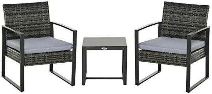Outsunny Conjunto de Muebles de Ratán de Jardín 3 Piezas Set de Comedor con 1 Mesa 42,5x40x39 cm 2 Sillones 63x57x76 cm Cojín Acolchado para Patio Terraza Balcón Gris