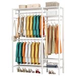 KZOBYD Heavy Duty Clothes Rail Rack, Metal Garment Rack with 3 Hanging Rods, Adjustable Wire Clothes Shelving Storage Rack Freestanding Clothing Storage Organizer with 4 Shelves (White)