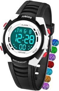 Juboos Kids Digital Watch for Boys Girls 5-18, 7 Colors LED Light Kids Sports Outdoor Wristwatch, 5 ATM Waterproof Watch with Alarm,Stopwatch