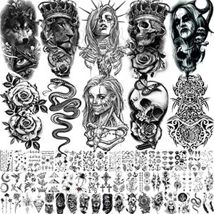 Shegazzi 62 Fogli Tatuaggi Temporanei Adulti Donna Uomo Realistico Spaventoso Teschio Leone Fantasma Vampiro Serpente Kit Tatuaggi Finti Bambini Halloween Braccio Avambraccio Collo Adesivo Tatuaggio