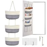 Autumnlife Over Door Storage Organiser, Hanging Storage Bag, Back of the Door Hanging Organiser Rope Fabric Storage Solution with 3 Pockets and Hooks for Bedroom, Living Room, White and Grey