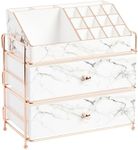 Glamlily White Marble Makeup Organizer with Rose Gold Trim, Cosmetic Storage Drawers for Vanity (9.5 x 9.5 x 5.5 in)