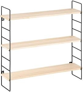 Navaris Wall Shelf Unit - Wall Mounted Hanging Pine Wood and Black Metal Shelves - 3-Shelf Shelving Unit for Bedroom Living Room Kitchen 50x50x12cm