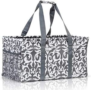 Lucazzi Extra Large Utility Tote Bag - Oversized Collapsible Reusable Wire Frame Rectangular Canvas Basket With Two Exterior Pockets For Beach, Pool, Laundry, Car Trunk, Storage - Damask Gray