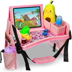 DMoose Travel Lap Activity Tray for Kids and Toddlers, Padded Comfort Base, Side Walls, Mesh Snack Pockets, Tablet Holder, Waterproof Car Seat, Stroller, Airplane Play and Learn Area (Pink (New))