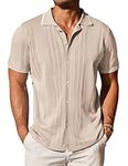 COOFANDY Mens Knit Button Down Shirt Vintage Short Sleeve Polo Shirts Casual Beach Tops Khaki