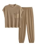 PRETTYGARDEN Women's Summer 2 Piece Sweater Sets Knit Blouses Tops And High Waisted Pants Matching Tracksuit Sweatsuit Set (Khaki,Small)