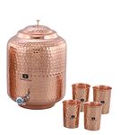 Shankar and Sons 11 Liter Hammered Copper Water Dispenser Matka Tank Pot Container for Water Storage with 4 Glasses,Capacity- 11000 ML