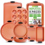 NutriChef, Bakeware Set, Baking Pans, Cookie Sheets, Includes: Cookie Sheet, Roasting Pan, Loaf Pan, Pizza Pan, Muffin Pan, Square Pan, Cake Pan(2), Nonstick, Kitchen Oven Trays, Copper, 8 pc