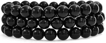 Set of 3 Gemstone Black Onyx Round Bead 8MM Stretch Bracelet for Women Teen for Men Multi Strand Stackable Adjustable