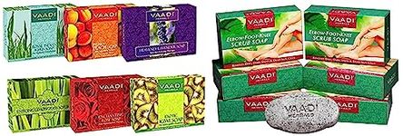 Vaadi Herbals Exotic Flavors Luxurious Handmade Herbals Soaps, 75g (Pack of 6) & Vaadi Herbals Elbow Foot Knee Scrub With Almond And Walnut Scrub Soap, 75g (Pack Of 6)