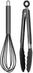 Country Kitchen 10" Whisk and Tong Kitchenware Set for Nonstick Cookware, Silicone and Stainless Steel Accessories for Cooking, Baking, Frying, Grilling, Blending and Serving- Gun Metal and Black