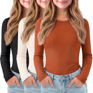 3 Pack Girls Long Sleeve Shirts Ribbed Knit Cotton Layering Tops Slim Fit Crewneck Casual Undershirts (US, Age, 5 Years, 6 Years, Black,Cream,Pumpkin)
