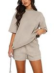 REORIA Women Cotton Short Sleeve Tracksuit Set Crew Neck Solid Color Shirt and Shorts with two Pockets two piece Outfit co ord Sets Khaki M