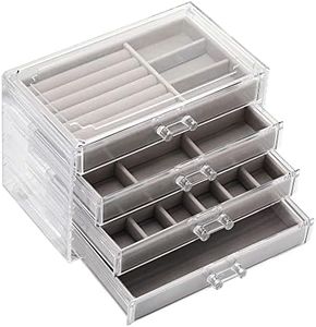 HORHEAR Acrylic Jewelry Organizer 4 Drawers Clear Jewelry Box with Flannel Lining Cosmetics Earrings Ring Bracelet Necklace Holder Accessories Storage Box (Grey)