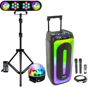 IBIZA Sound Light - Pack Lumière avec portique DJ + 1 Enceinte Sono 1000w MAGIC-SOUND1000 2 micros sans Fil- Bluetooth USB - idéal pour Vos soirées Anniversaires Salle des fête Fiesta