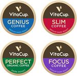 VitaCup Coffee Pods 40ct, Slim w/Garcinia for Diet Support 10ct, Genius Keto w/MCT Oil for Energy & Focus 10ct, Low Acid USDA Organic Perfect 10ct, & Focus w/Mushrooms for Memory & Clarity 10ct