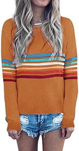 ECOWISH Women's Sweater Rainbow Colorful Striped Sweaters Long Sleeve Crew Neck Color Block Casual Pullover Blouse Tops 01 Camel Medium