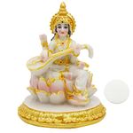 Small Hindu Goddess Saraswati Statue - 3.9”H Marble Look Saraswati Figurine for Car Dashboard India Idol Buddha Statue Home Office Mandir Temple Pooja Item Diwali Puja Gifts