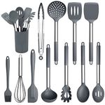 Herogo Kitchen Utensils Set, 12 Pieces Silicone Cooking Utensils with Stainless Steel Handle, Heat Resistant Cooking Tools Turner Spoon Spatula Set with Holder, Easy to Clean - Grey