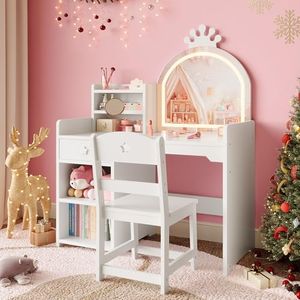 Garvee Kids Vanity with Lights, 2 in 1 Princess Makeup Vanity Desk Toddler Vanity Table & Chair Set with Open Bookshelf, Storage Cabinet & Shelves for Little Girls, White