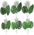 Worown 18 Pieces Artificial Tropical Leaves Set, Monstera and Palm Leaf, Large Plant Leaves, Decorative Faux Tropical Leaf with Stem for Hawaiian Jungle, Birthday Barbecue Party, Beach Theme Decor