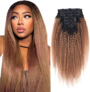 AmazingBeauty 8A Texlaxed Kinkys Straight Ombre Hair Clip Extensions Double Weft Real Remy Human Hair for Black Women, Natural Black Fading into Light Auburn, 7 Pieces, 115 Grams, KS TN/30, 18 Inch