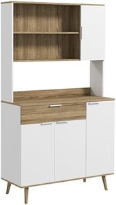 HOMCOM Armoire de Cuisine, Buffet de Cuisine, 4 Portes avec étagères réglables, 1 tiroir, Meuble de Cuisine, Design scandinave, 98 x 39 x 180 cm, Blanc et Naturel