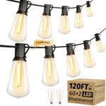 Torkase Outdoor String Lights Mains Powered,120FT/36M Garden Festoon Lights with 60+2 Shatterproof ST38 Plastic LED Edison Bulbs Waterproof for Outside Patio Pergola Gazebo Décor Wedding Cafe