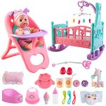 deAO Baby Doll Set with Crib Mobile High Chair Stroller Feeding Accessories 21 Pieces Play Set (Baby Doll Included)