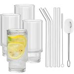 ALINK Ribbed Water Drinking Glasses with Glass Straws 4pcs Set, Vintage Iced Coffee Cups Glassware, Origami Style Ridged Glass Tumbler for Coocktail, Whiskey, Beer - 2 Cleaning Brush