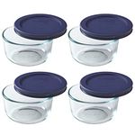 Pyrex (4) 7202 1-Cup Glass Bowls & (4) Pyrex 7202-PC 1-Cup Dark Blue Lids Made in the USA