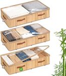 Livole 3 Pack Bamboo Under Bed Storage with Wheels, 6 inches Underbed Storage Containers, 56L XXL Rolling Under Bed Storage Bins with Clear Lid & Label for Clothes, Blankets, Sweater, Shoes