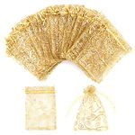 STARUBY Organza Gift Bags 100Pcs Gold Sheer Organza Bag 4x6 Inch Mesh Favor Bags Drawstring Jewelry Rattan Printed Gift Pouches for Wedding Party Favors Baby Shower Christmas Gifts Candy Bags