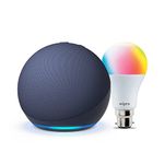 Amazon Echo Dot (5th Gen, Blue) Smart Home Speaker Combo with Wipro 9W LED Smart Color Bulb | with Bluetooth and Alexa