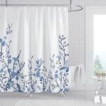 Blue Fabric Shower Curtain for Bathroom with 12 Hooks, Floral Leaves Waterproof Textured Bath Shower Curtain Set for Hotel Home - 72 x 72 Inches