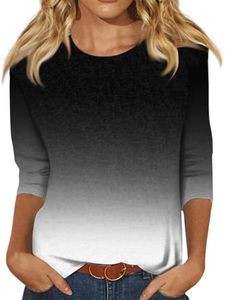 Generic Summer Tops for Women 2024 Trendy,Womens Tops 3/4 Length Sleeves Fashion 3/4 Sleeve Round Neck Cute Shirts Casual Print Trendy Three Quarter Length T Shirt Summer Blouses Large 20-Black