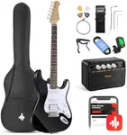 Donner 39 Inch Electric Guitar Beginner Kit Black Full-Size Starter Package HSS Pick Up with All Accessories Amp Online Lesson Bag Tuner Capo Strap String Amp Cable Picks DST-100B